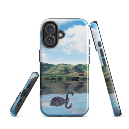 Phone case with a black swan on a calm lake, New Zealand hills in the background. Art by NZ designer Ben Hart.