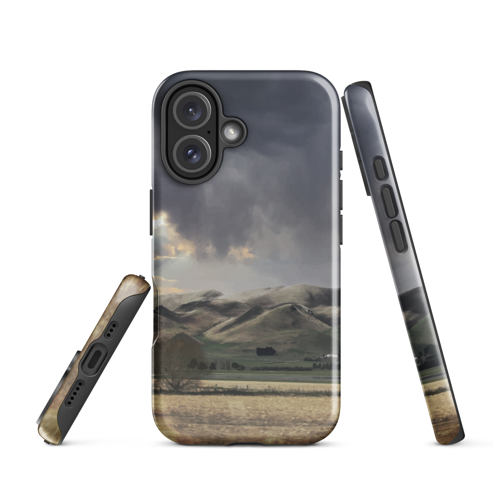 Designer phone case with NZ landscape painting of Te Hauke and cloudy skies by Ben Hart.