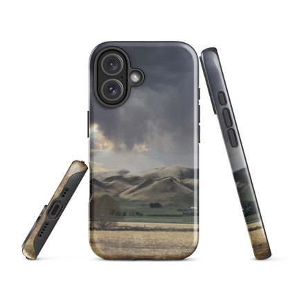 Designer phone case with NZ landscape painting of Te Hauke and cloudy skies by Ben Hart.