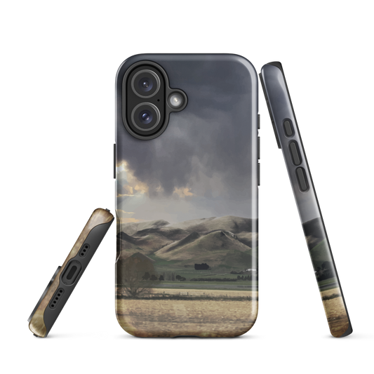 Designer phone case with NZ landscape painting of Te Hauke and cloudy skies by Ben Hart.