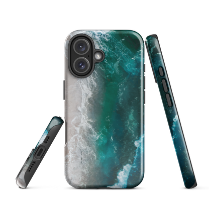 Ocean wave phone case with abstract beach design in teal and white, by NZ artist Ben Hart.