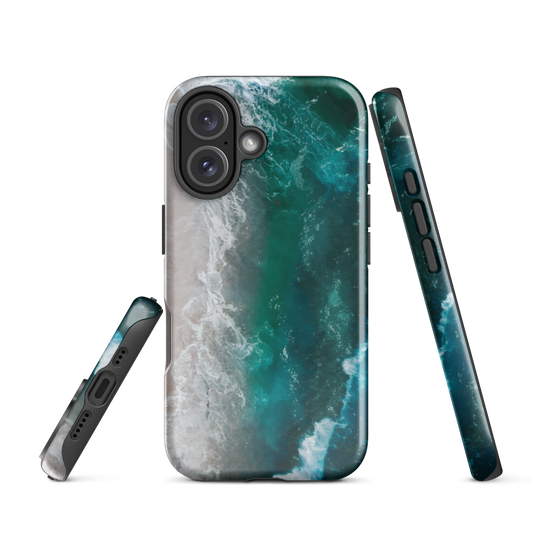 Ocean wave phone case with abstract beach design in teal and white, by NZ artist Ben Hart.