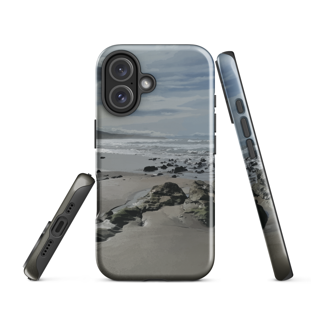 Phone case with artwork of Riversdale Beach, Masterton – rocks, waves and sky by NZ artist Ben Hart.