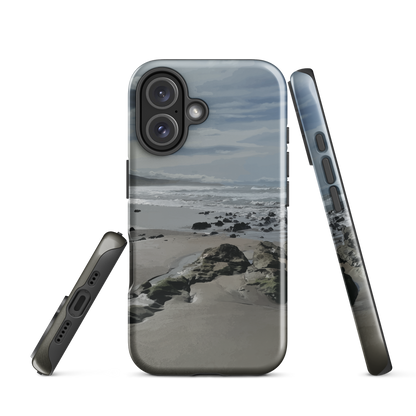 Phone case with artwork of Riversdale Beach, Masterton – rocks, waves and sky by NZ artist Ben Hart.