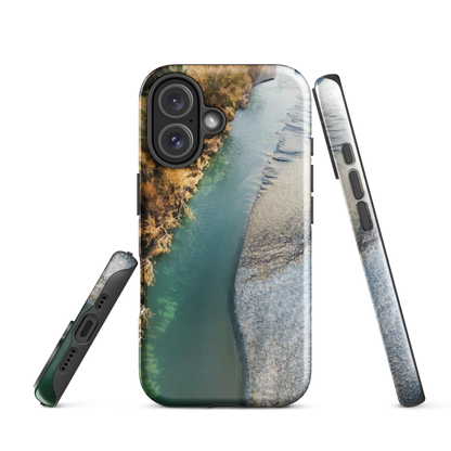 Phone case with aerial riverbend artwork and earthy tones, designed by New Zealand artist Ben Hart.
