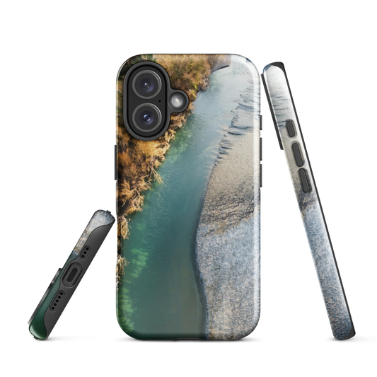 Phone case with aerial riverbend artwork and earthy tones, designed by New Zealand artist Ben Hart.