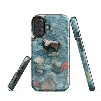 Washed Away designer phone case with abstract river stone artwork in earthy blues and natural tones.
