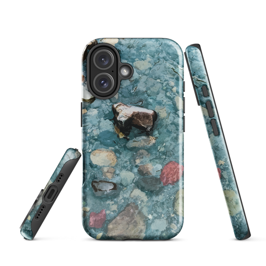 Washed Away designer phone case with abstract river stone artwork in earthy blues and natural tones.