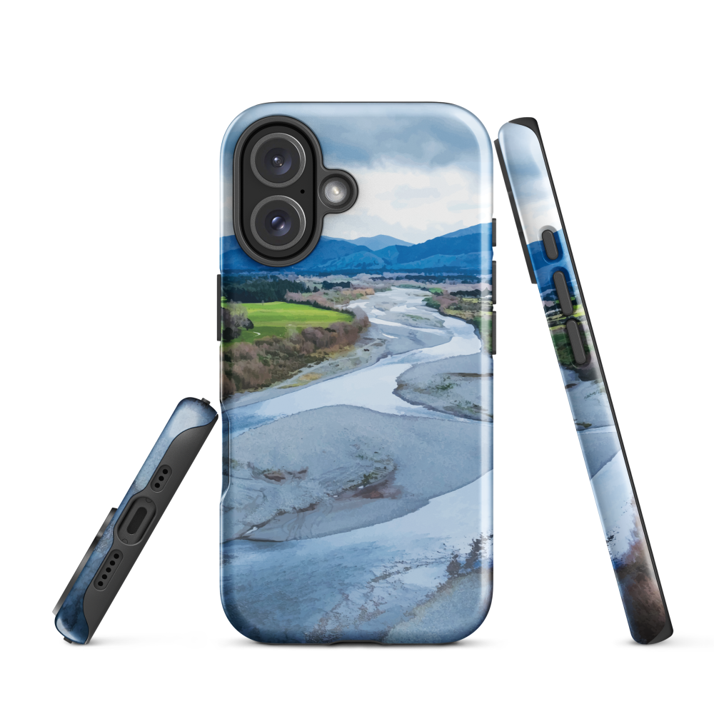 Waiohine phone case featuring artwork of New Zealand’s braided riverbed landscape in the Wairarapa.