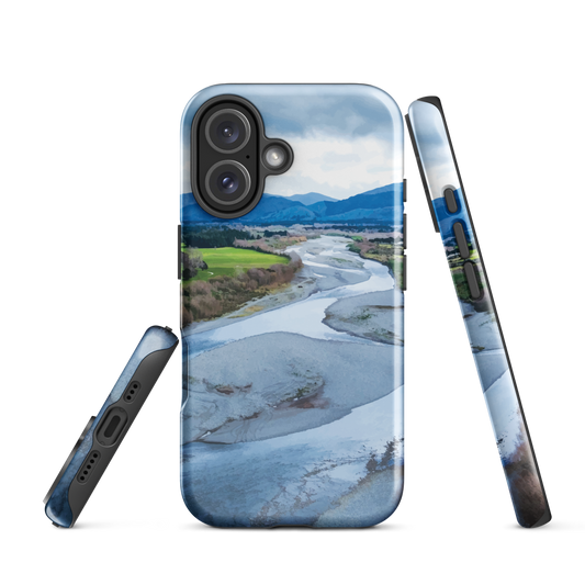 Waiohine phone case featuring artwork of New Zealand’s braided riverbed landscape in the Wairarapa.