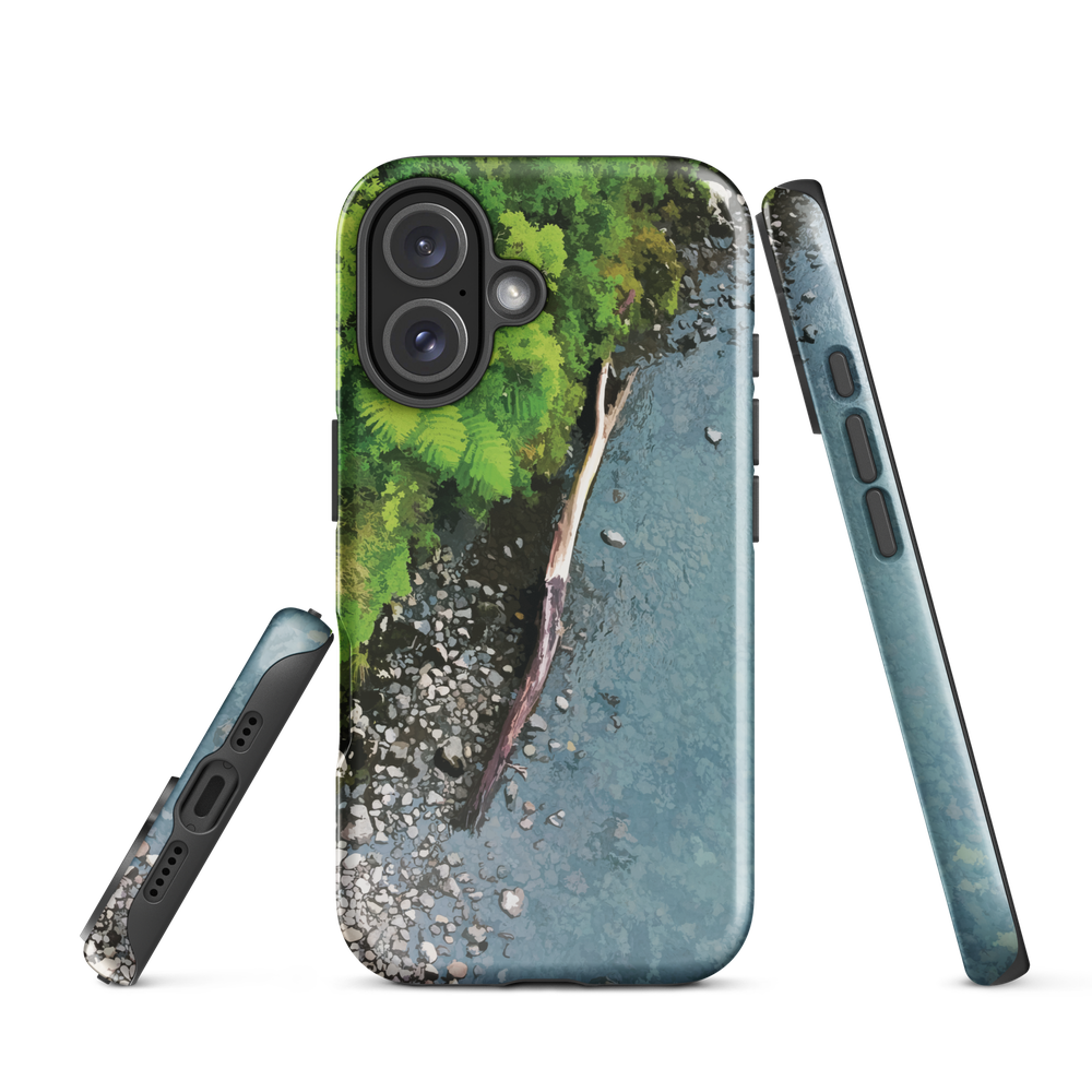 Resting Place phone case with aerial artwork of river rocks, green bush, and driftwood in a New Zealand stream.