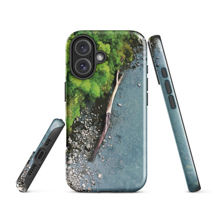 Resting Place phone case with aerial artwork of river rocks, green bush, and driftwood in a New Zealand stream.