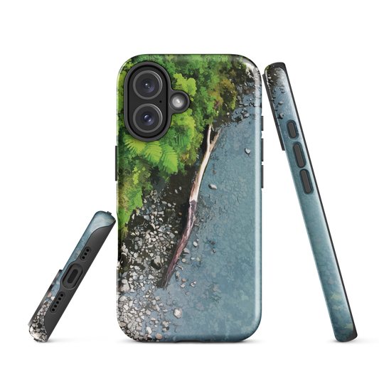 Resting Place phone case with aerial artwork of river rocks, green bush, and driftwood in a New Zealand stream.