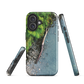 Resting Place phone case with aerial artwork of river rocks, green bush, and driftwood in a New Zealand stream.