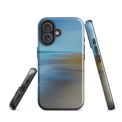 Ocean Breeze phone case with abstract blue and sandy tones inspired by sea and sky.