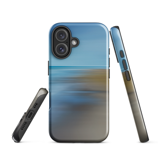 Ocean Breeze phone case with abstract blue and sandy tones inspired by sea and sky.
