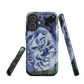 Designer phone case with a bold blue rose artwork and glossy finish.