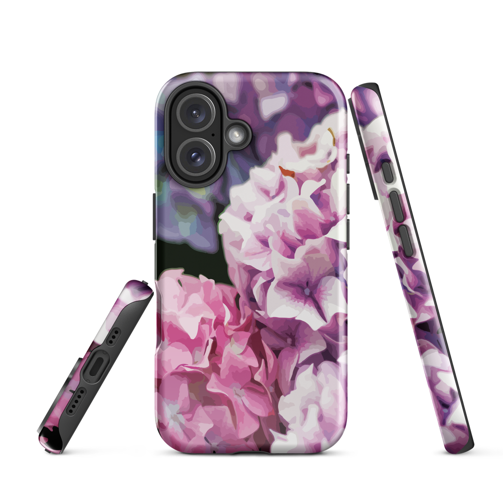 Designer phone case with pink and purple hydrangea floral artwork.