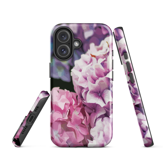 Designer phone case with pink and purple hydrangea floral artwork.