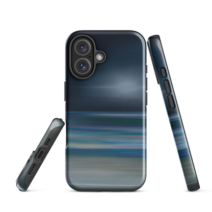 Dark abstract phone case with blue and grey streaks and glossy finish.