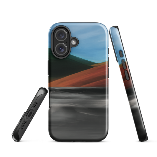Phone case with abstract red, green, and blue heat wave landscape design.