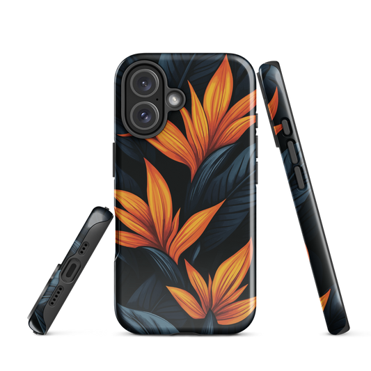 Phone case with bold orange bird of paradise flowers on dark background.