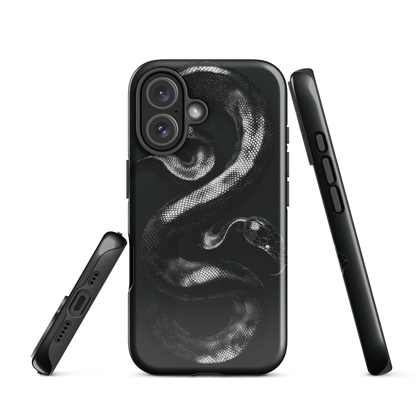 Phone case with detailed black python design on dark background.