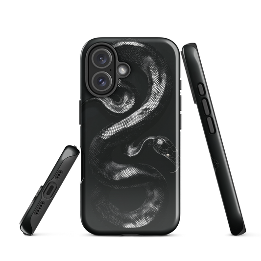 Phone case with detailed black python design on dark background.