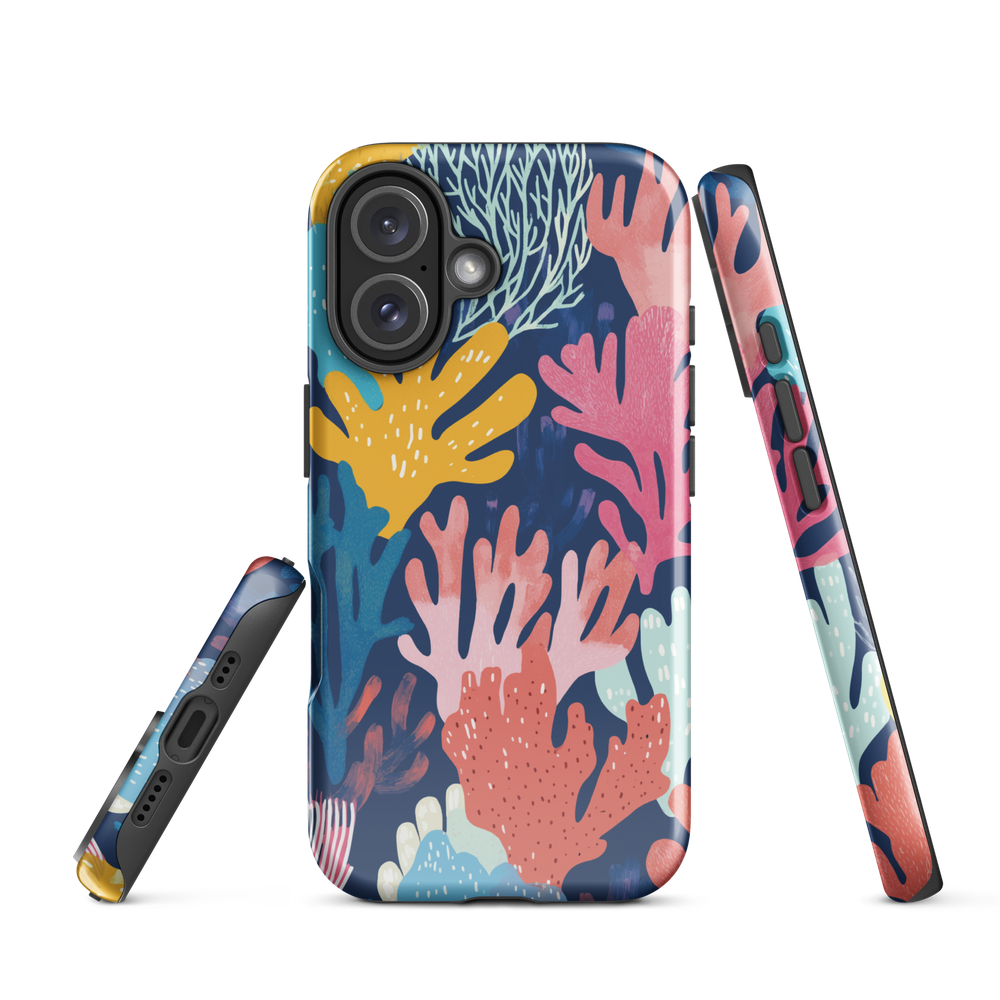 Colourful coral reef phone case design in pink, blue and yellow by NZ artist Ben Hart