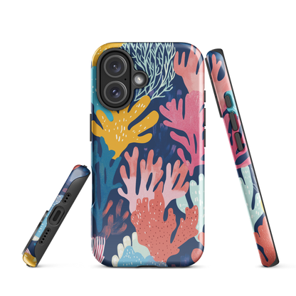 Colourful coral reef phone case design in pink, blue and yellow by NZ artist Ben Hart