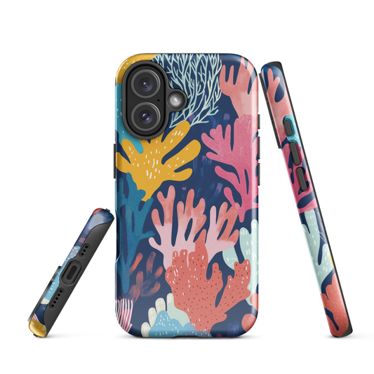 Colourful coral reef phone case design in pink, blue and yellow by NZ artist Ben Hart