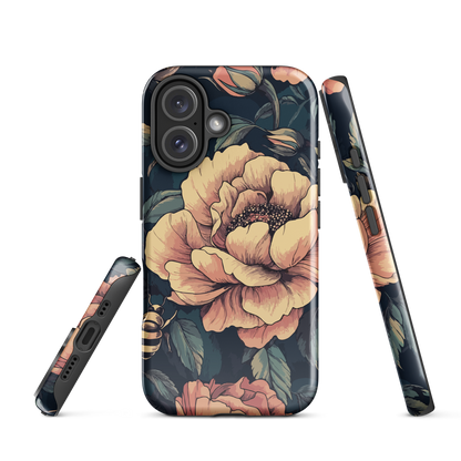 Phone case with vintage-style pink roses and bees on dark background, floral New Zealand artwork.