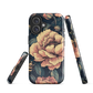 Phone case with vintage-style pink roses and bees on dark background, floral New Zealand artwork.