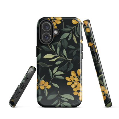 NZ Kowhai phone case with native yellow floral and green leaves on black background by designer Ben Hart.