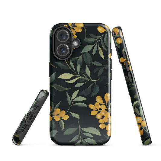 NZ Kowhai phone case with native yellow floral and green leaves on black background by designer Ben Hart.