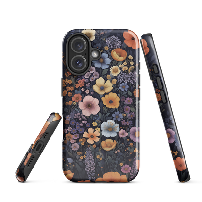 Phone case with colourful wildflowers on dark background, floral art design