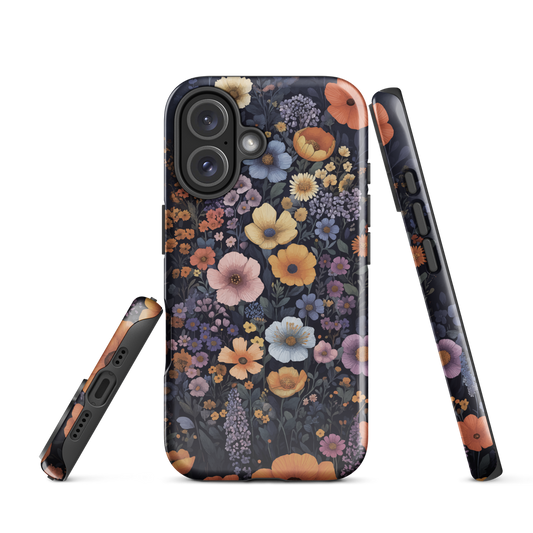 Phone case with colourful wildflowers on dark background, floral art design