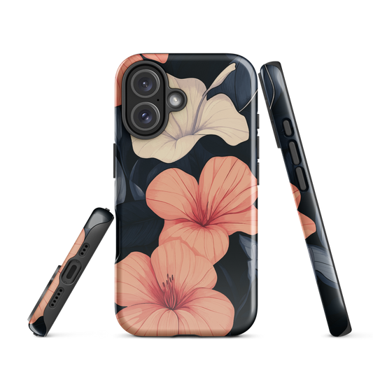 Phone case with coral hibiscus flowers and ivory blooms on dark background