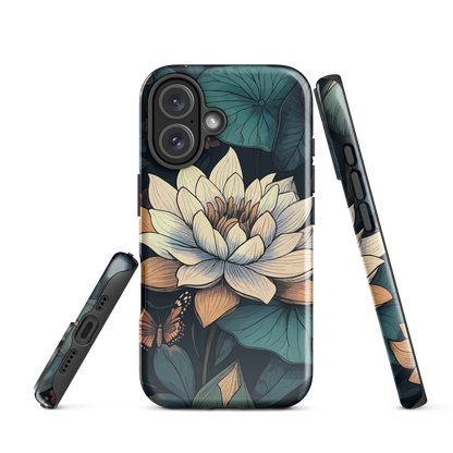 Phone case with ivory water lily, green leaves, and butterfly accents on dark background