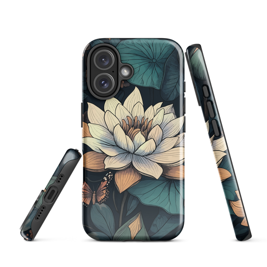 Phone case with ivory water lily, green leaves, and butterfly accents on dark background