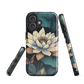 Phone case with ivory water lily, green leaves, and butterfly accents on dark background