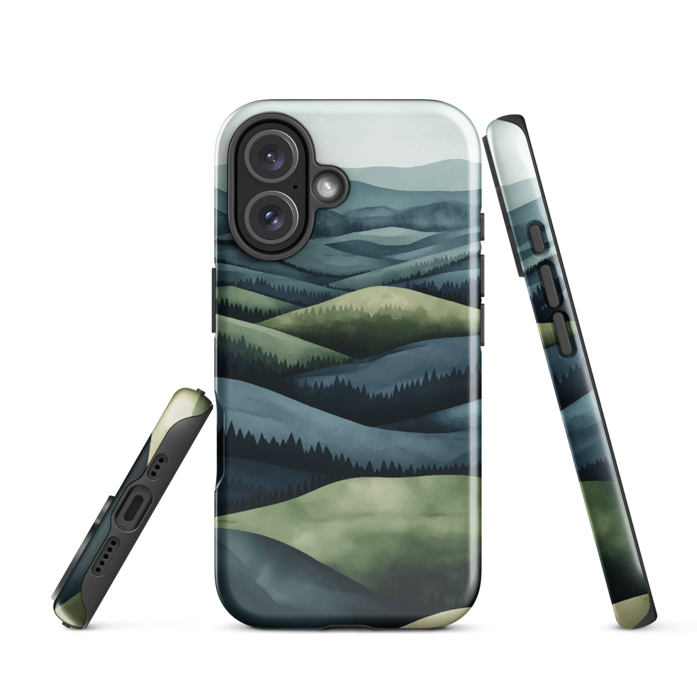 Phone case with layered mountain and forest landscape in blue and green hues