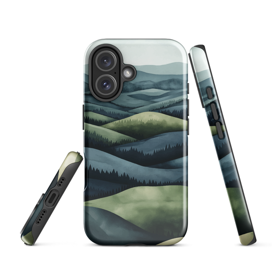 Phone case with layered mountain and forest landscape in blue and green hues
