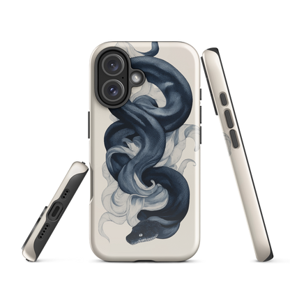 Phone case with black python and smoke design on cream background
