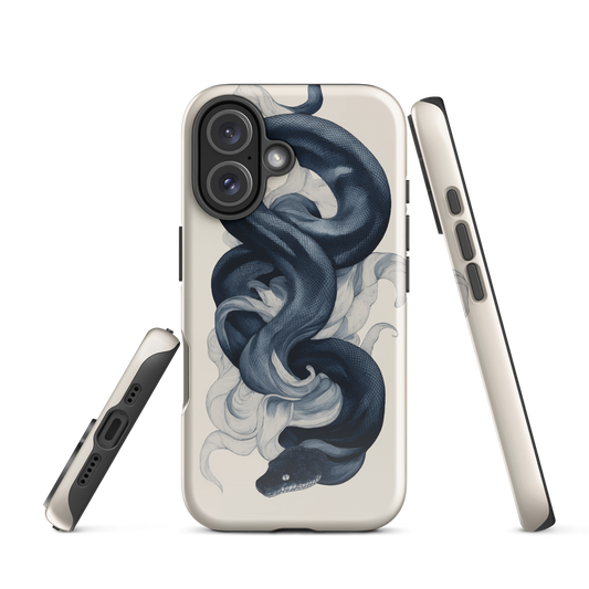 Phone case with black python and smoke design on cream background
