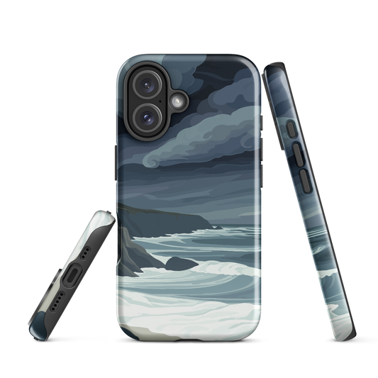 Phone case featuring moody Cape Kidnappers coastline with crashing waves and dark skies