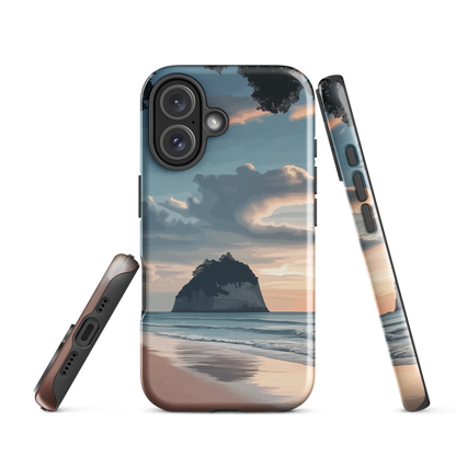 Phone case with Cathedral Cove beach and sunset scene, featuring soft skies and sea stack