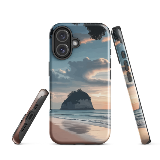 Phone case with Cathedral Cove beach and sunset scene, featuring soft skies and sea stack