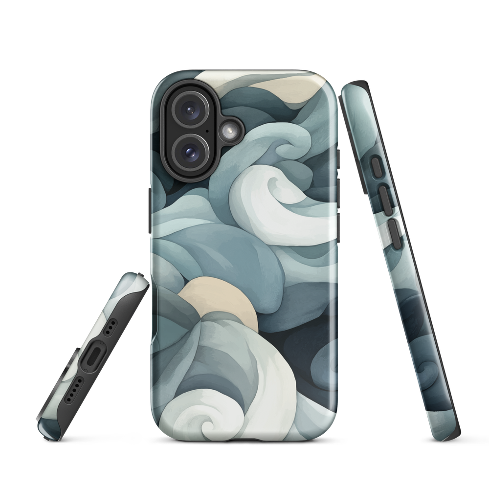 Phone case with abstract swirling ocean waves in blue and cream