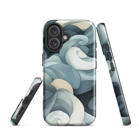 Phone case with abstract swirling ocean waves in blue and cream